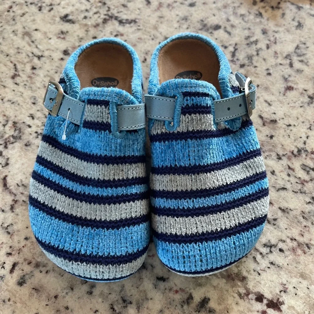 Dr. Scholl Adapta Clogs Kids 30 Blue Striped Cozy Knit Buckle Strap Mules Shoe